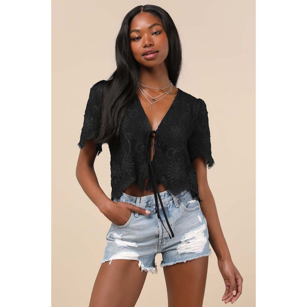 Lulus Vintage Aesthetic Black Embroidered Tie-Front Fringe Hem Top
